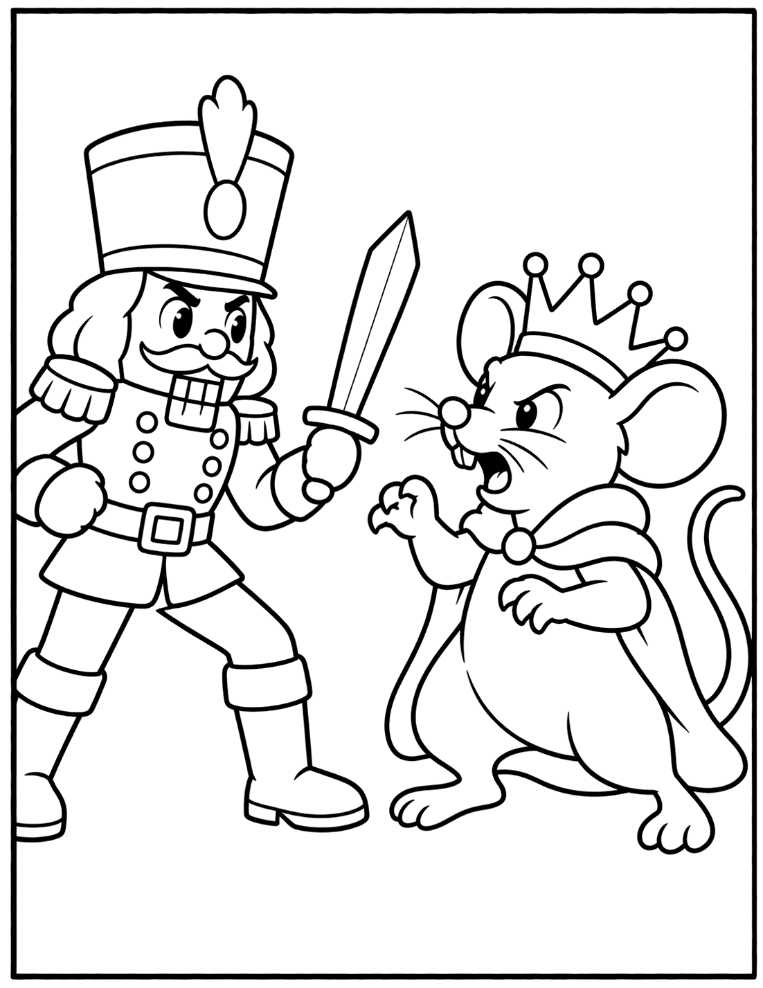 Outline drawing of the Nutcracker soldier with a sword facing the Mouse King wearing a crown