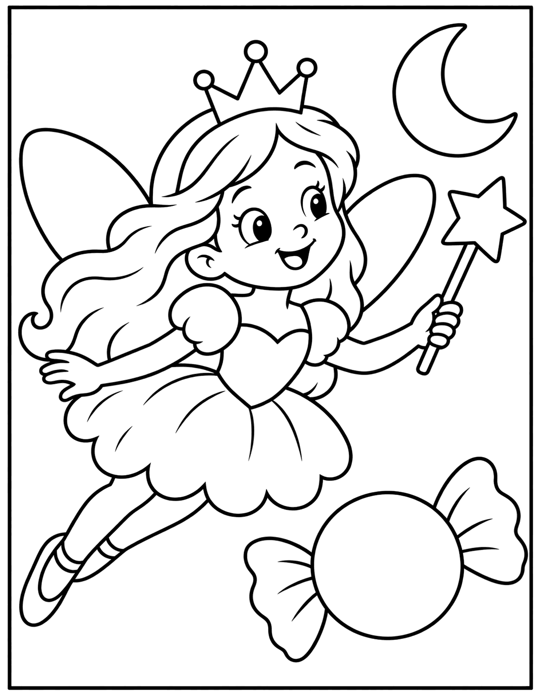 Outline drawing of a fairy with wings, a crown, and a star wand flying beside a wrapped candy and a crescent moon