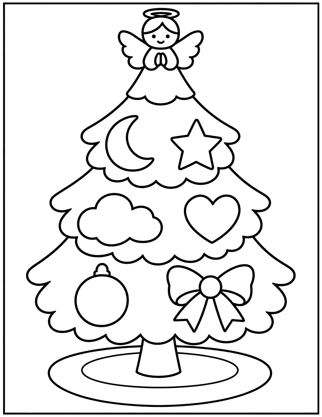 Outline drawing of a Christmas tree with an angel on top and moon, star, cloud, heart, bauble, and bow ornaments
