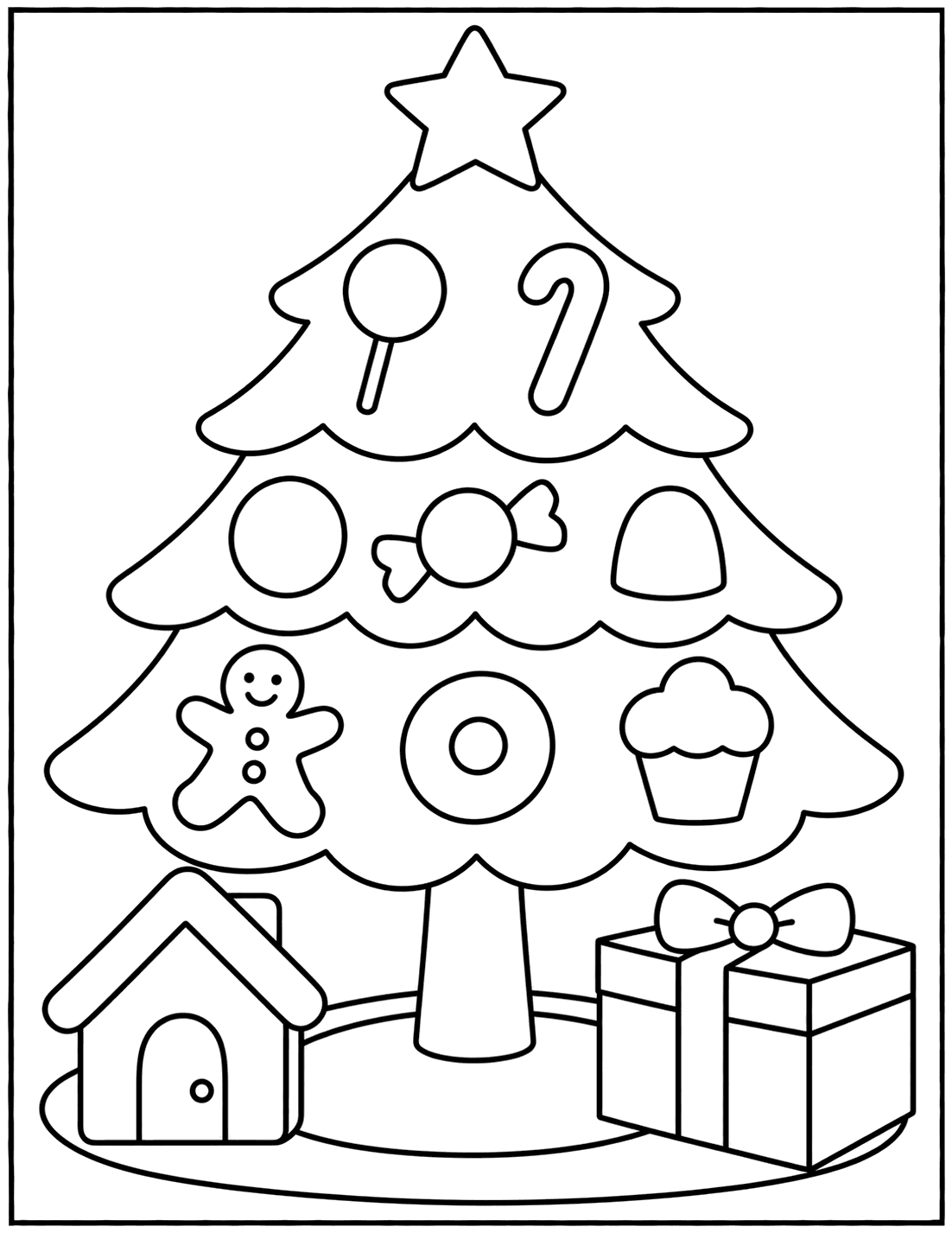 Outline drawing of a Christmas tree decorated with candy and treats, with a gingerbread house and a present beneath