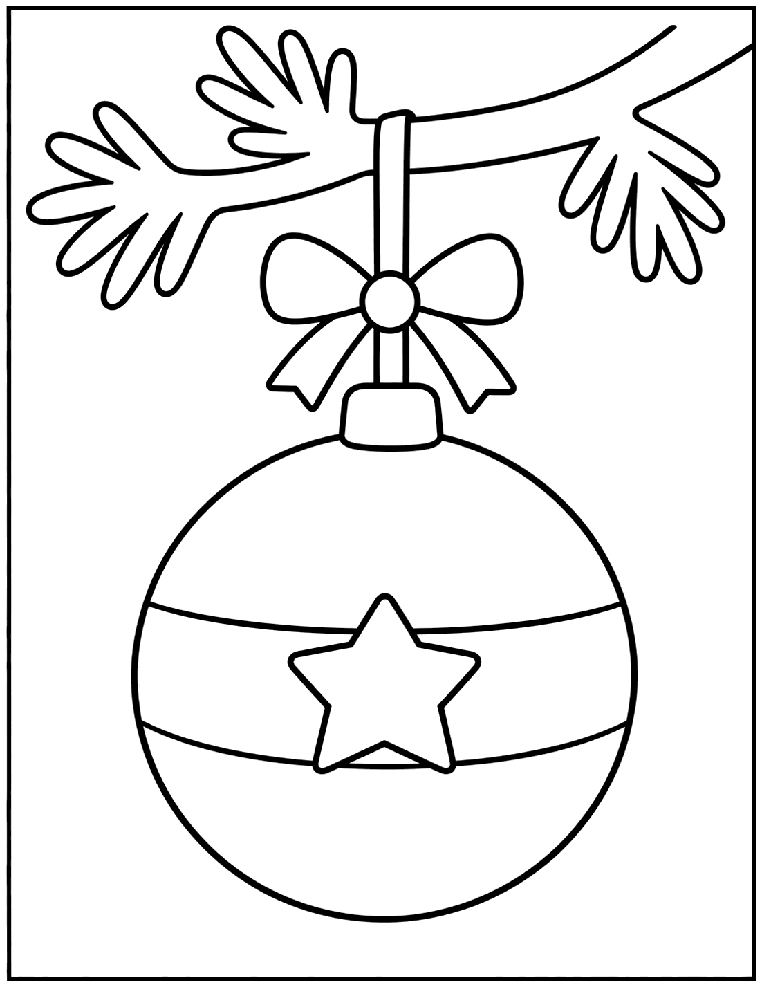 Outline drawing of a large Christmas bauble with a star hanging from a pine branch on a bow