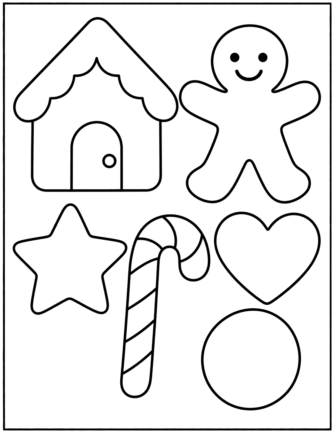 Outline drawing of Christmas cookie shapes including a gingerbread house, gingerbread man, star, candy cane, heart, and circle