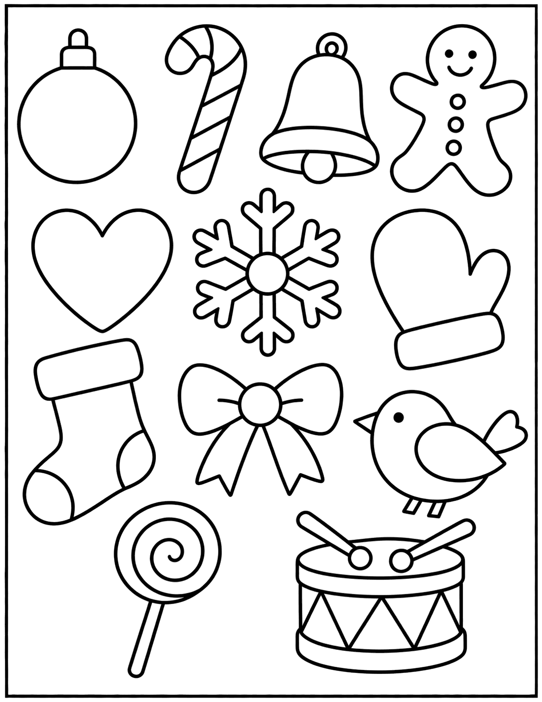 Outline drawing of a sheet of Christmas icons including a bauble, candy cane, bell, gingerbread man, snowflake, mitten, stocking, bow, bird, lollipop, and drum