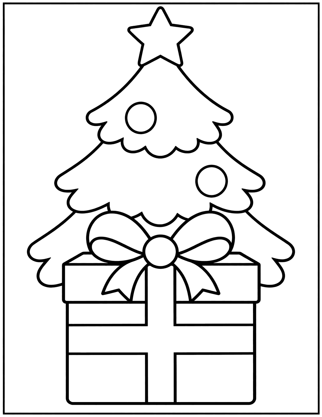 Outline drawing of a large wrapped present with a big bow in front of a Christmas tree
