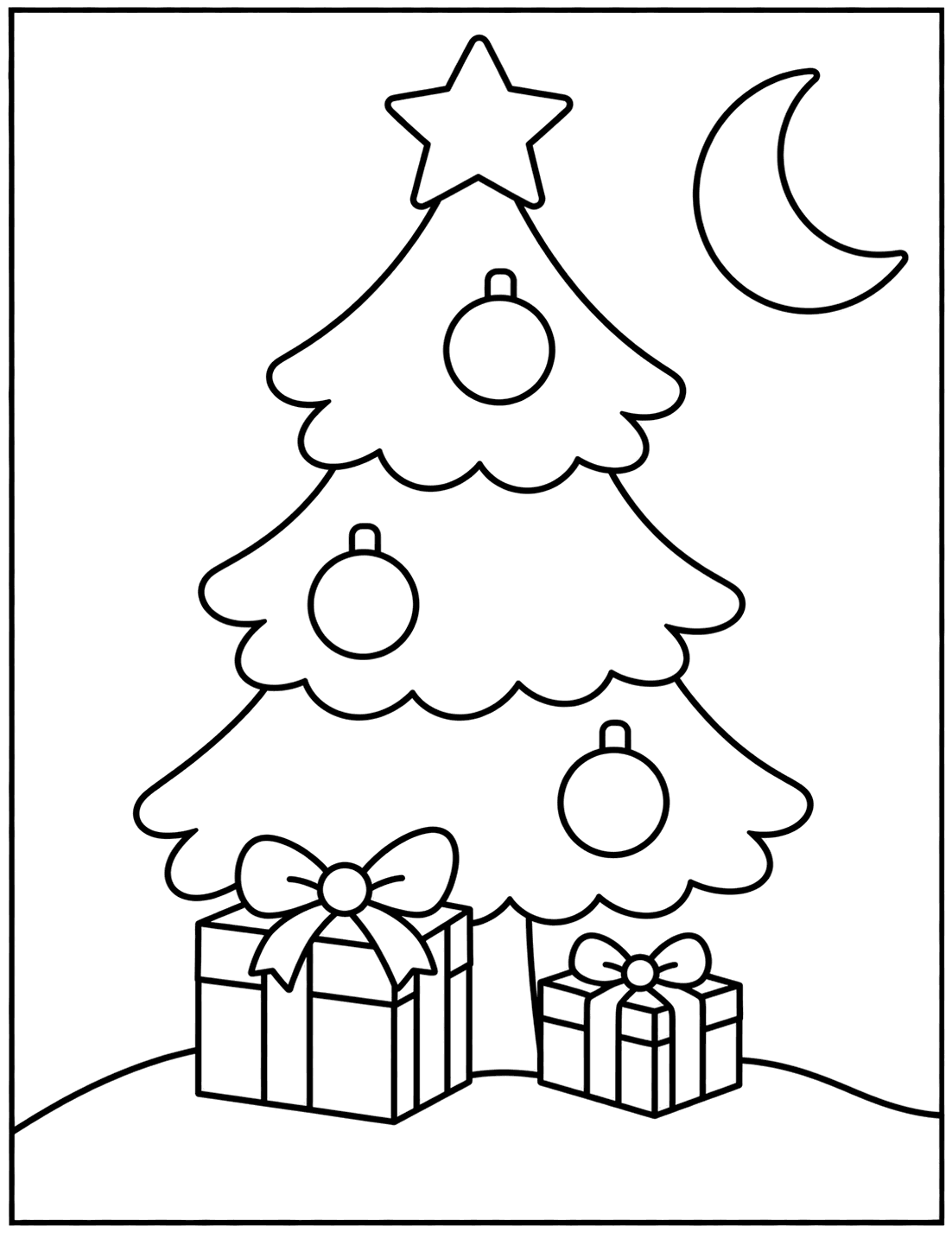 Outline drawing of a Christmas tree with ornaments and presents on a snowy hill under a crescent moon