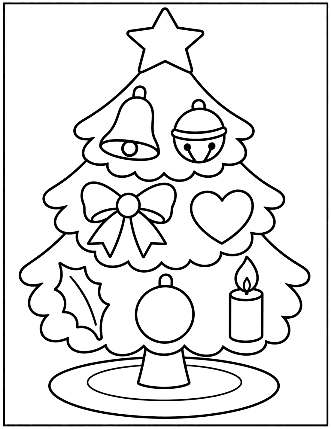 Outline drawing of a Christmas tree decorated with bells, a bow, a heart, holly, a bauble, and a lit candle