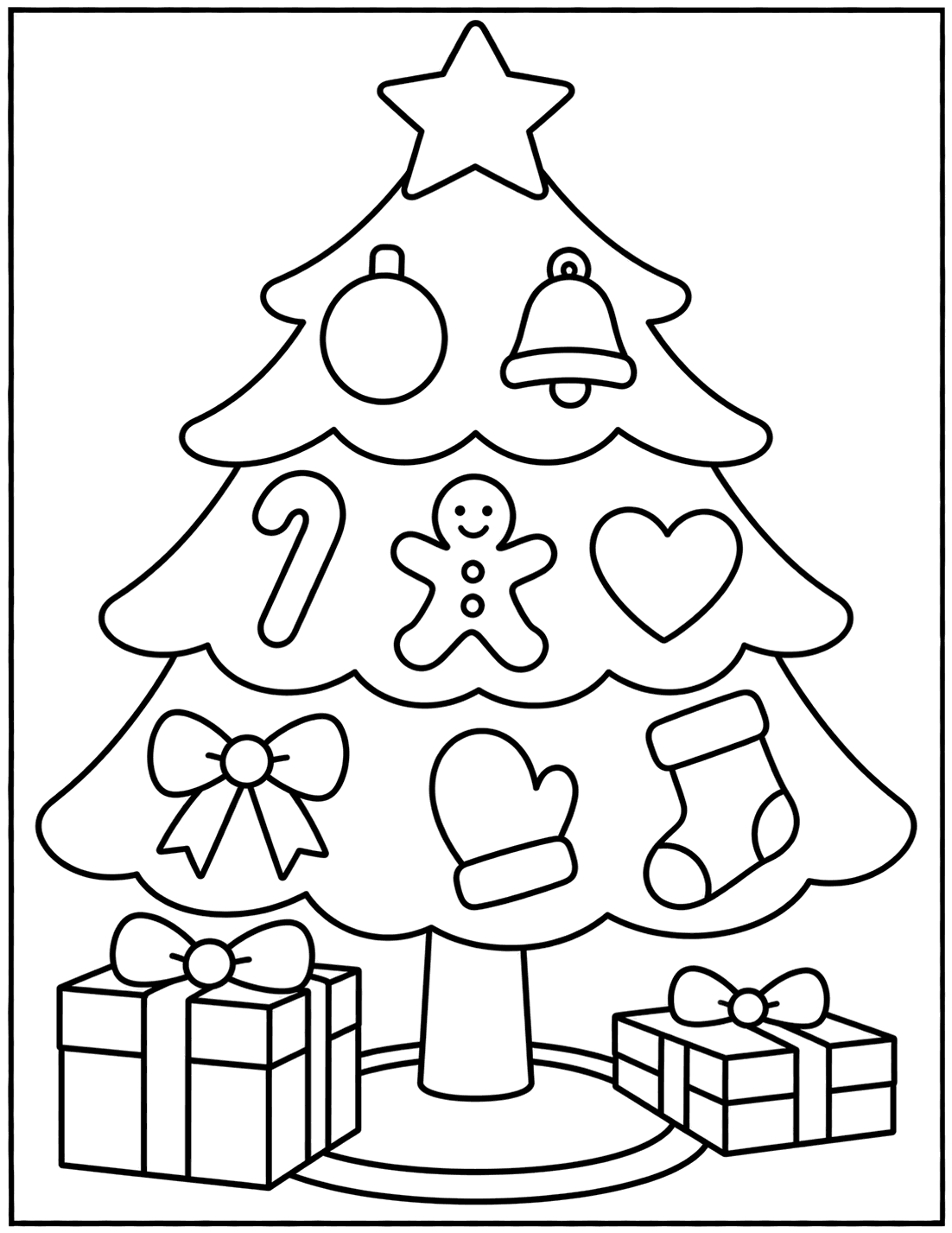 Outline drawing of a Christmas tree decorated with a bell, candy cane, gingerbread man, heart, bow, mitten, and stocking, with two presents below
