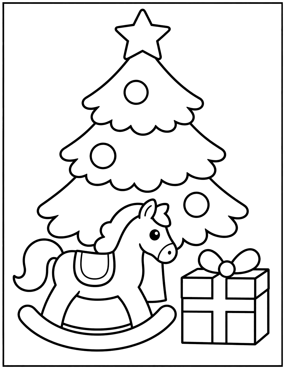 Outline drawing of a rocking horse and a wrapped present in front of a Christmas tree