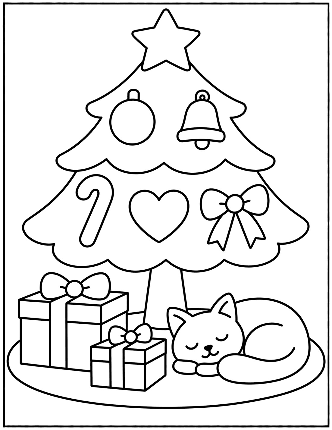 Outline drawing of a kitten sleeping under a Christmas tree beside wrapped presents