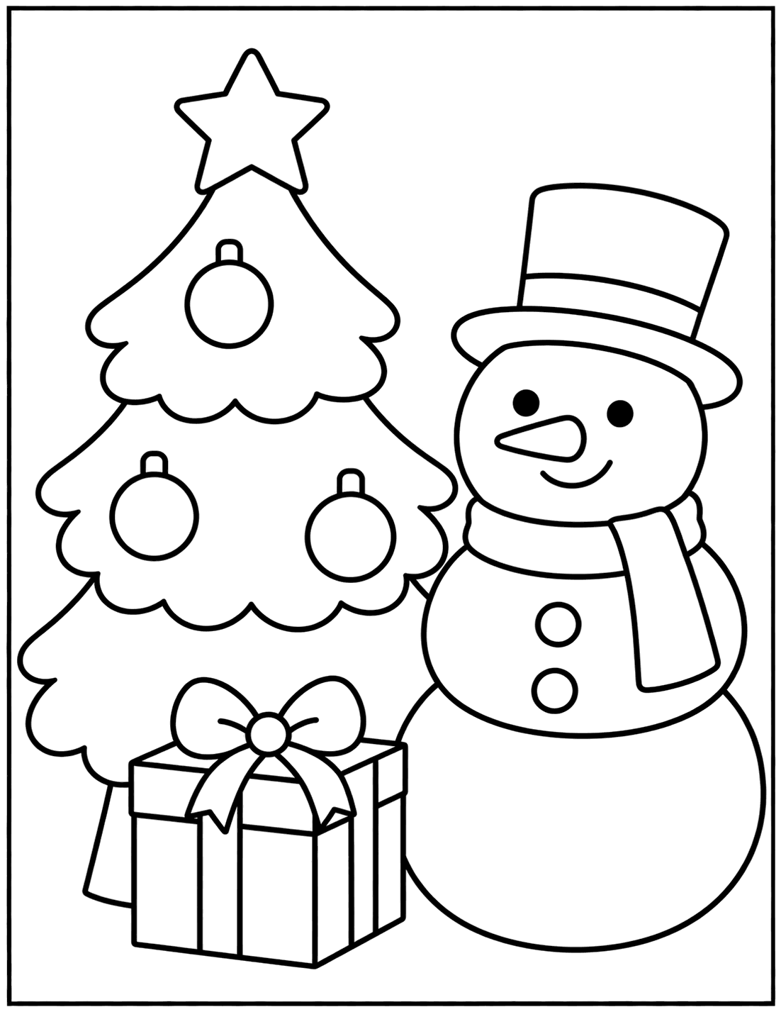 Outline drawing of a smiling snowman with a top hat and scarf beside a Christmas tree and a present