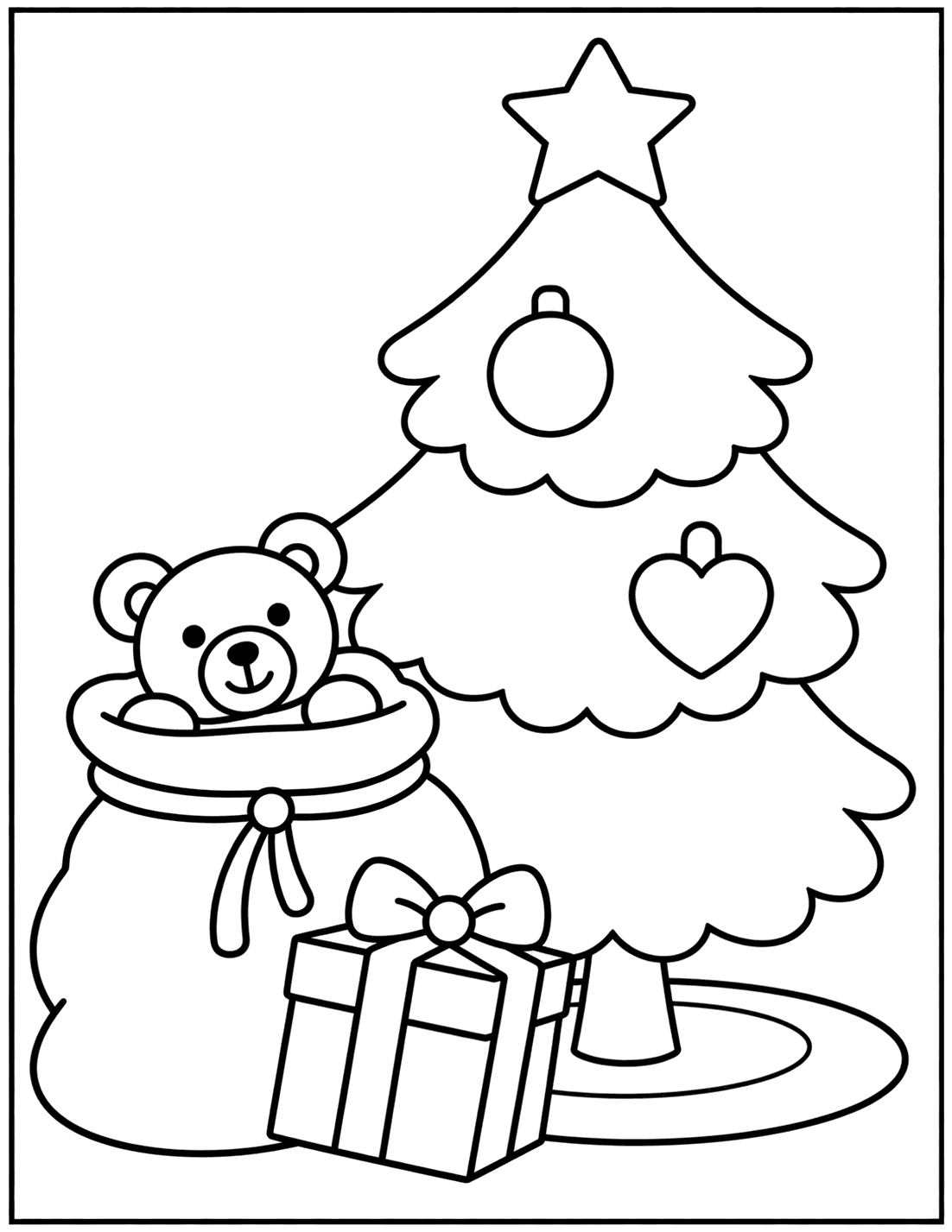 Outline drawing of a teddy bear peeking out of a sack beside a present and a Christmas tree