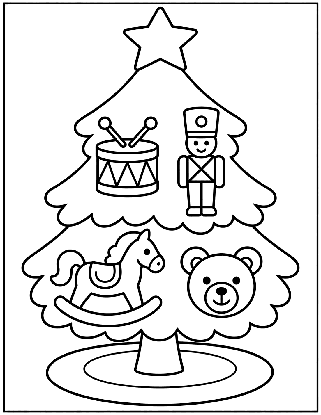 Outline drawing of a Christmas tree decorated with a drum, toy soldier, rocking horse, and teddy bear ornaments
