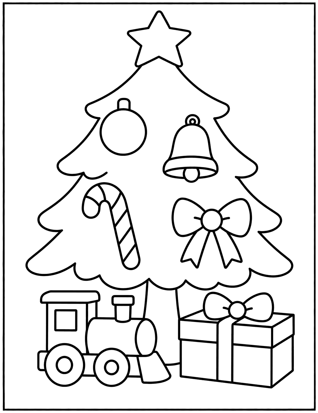 Outline drawing of a toy train and a present under a decorated Christmas tree