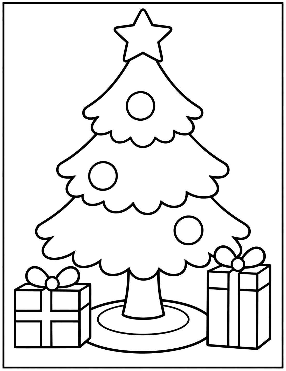 Outline drawing of a simple Christmas tree with round ornaments and two presents