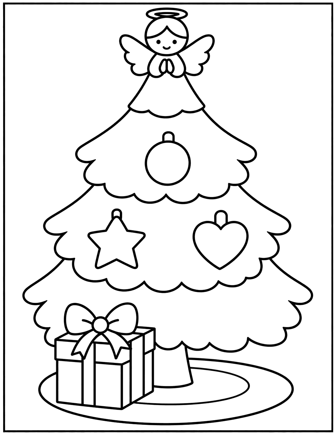 Outline drawing of a cute Christmas tree topped with an angel, with ornaments and a present