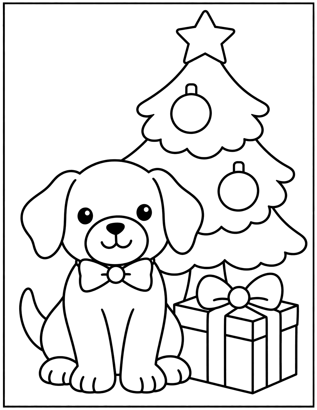 Outline drawing of a puppy with a bow tie sitting beside a Christmas tree and a present