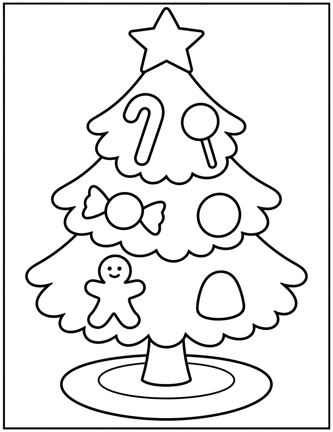 Outline drawing of a Christmas tree decorated with a candy cane, lollipop, wrapped candy, gumdrop, and gingerbread man