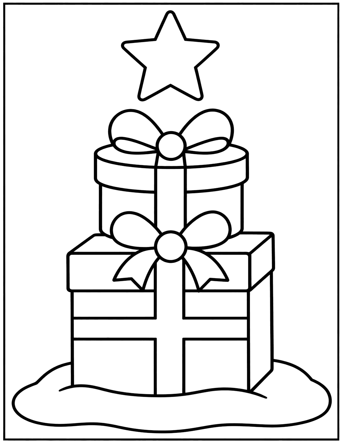 Outline drawing of two wrapped presents stacked in the snow under a star