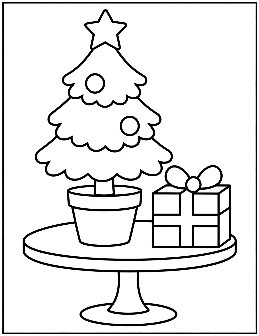 Outline drawing of a small potted Christmas tree and a wrapped present on a round table