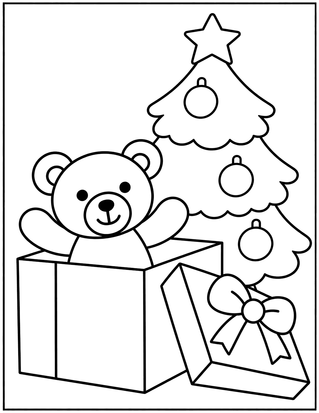 Outline drawing of a teddy bear popping out of an open gift box with the lid beside it