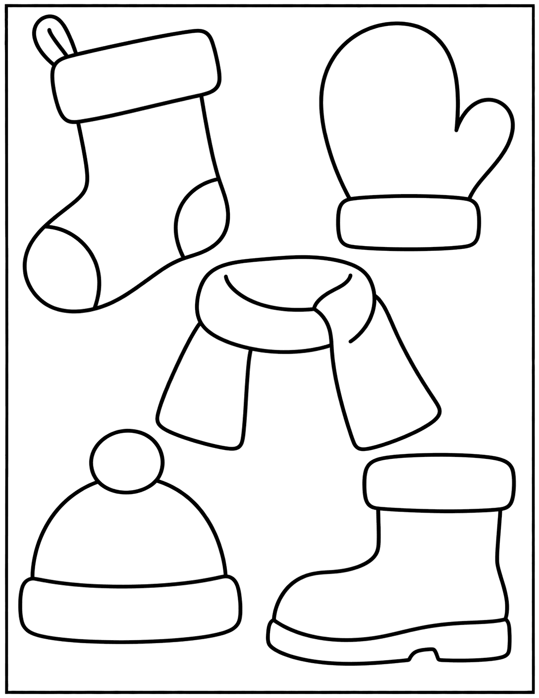 Outline drawing of a Christmas stocking, a mitten, a scarf, a pom-pom hat, and a winter boot