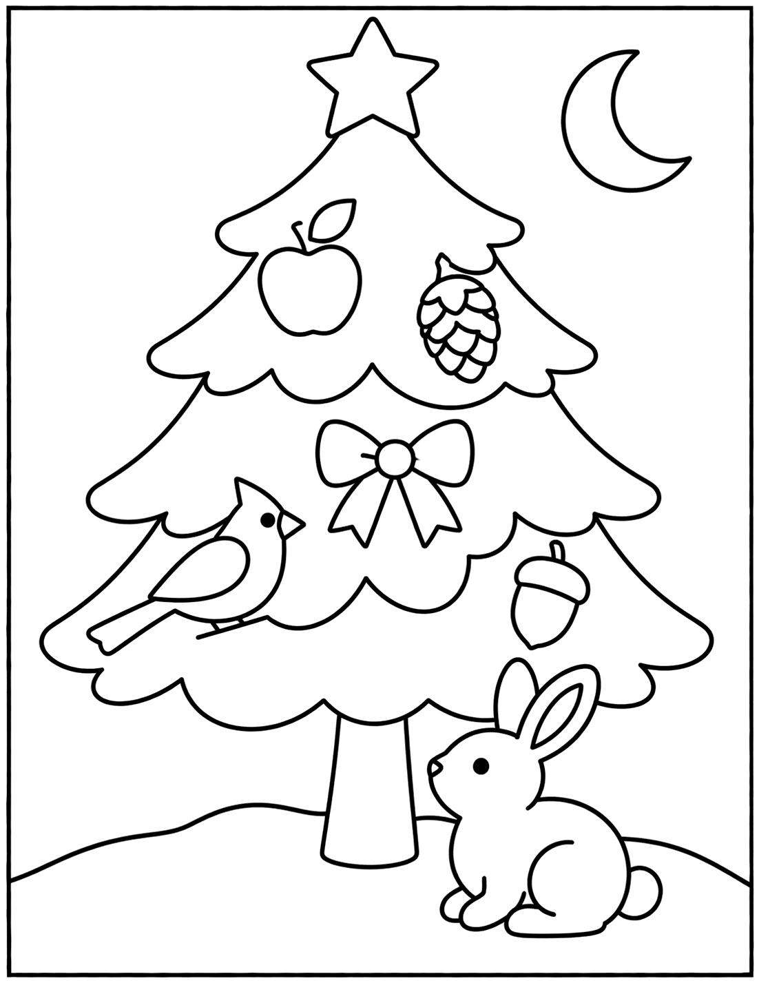 Outline drawing of an outdoor Christmas tree with an apple, pinecone, acorn, and bow, a cardinal bird, and a bunny under a crescent moon
