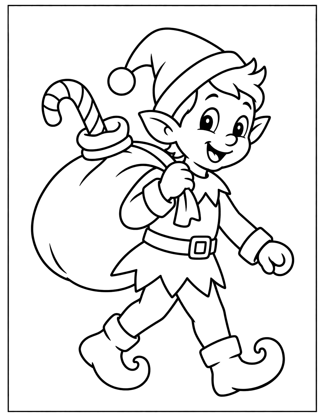Outline drawing of a Christmas elf walking with a sack of toys over its shoulder and a candy cane sticking out