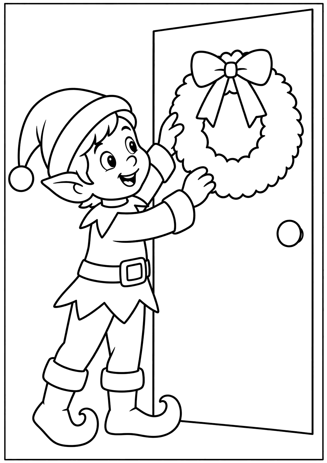 Outline drawing of a Christmas elf hanging a wreath with a bow on a door