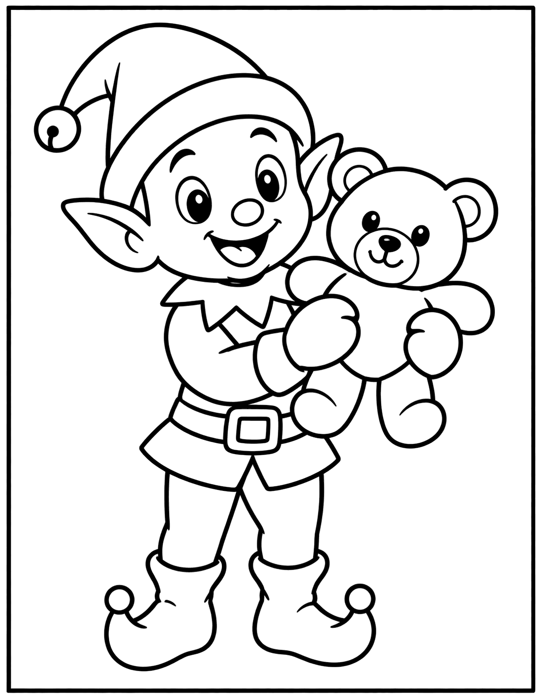 Outline drawing of a Christmas elf hugging a teddy bear