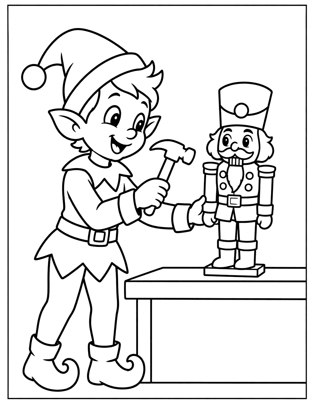 Outline drawing of a Christmas elf with a hammer building a Nutcracker toy on a workbench
