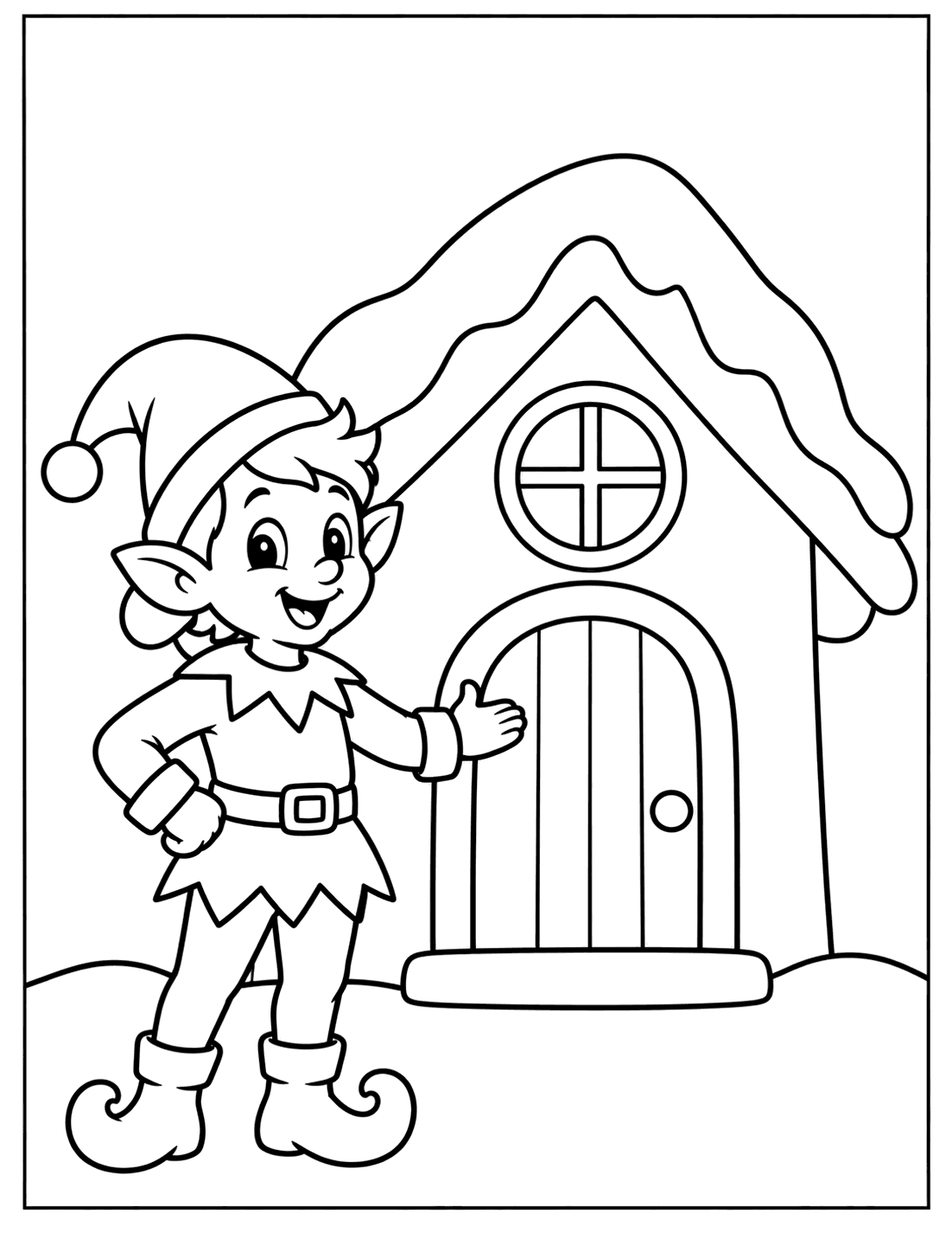 Outline drawing of a Christmas elf standing beside a snow-covered cottage with a round window and a wooden door