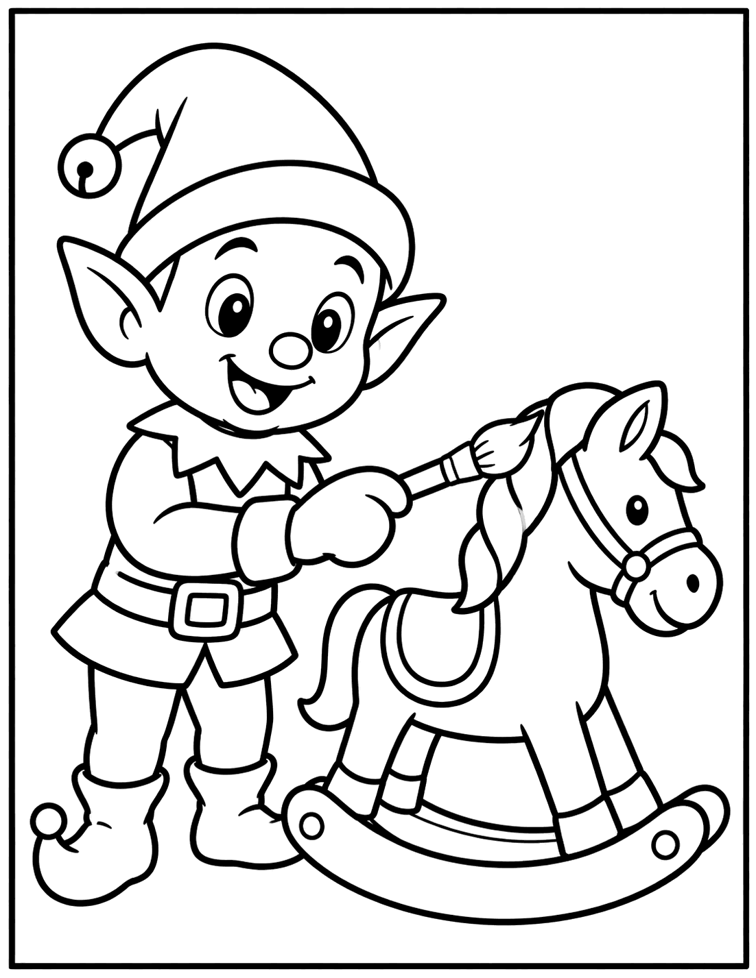 Outline drawing of a Christmas elf painting a wooden rocking horse with a paintbrush