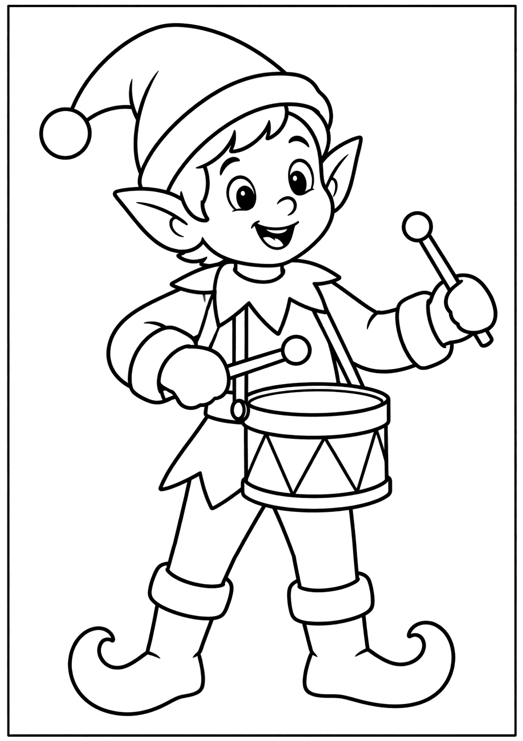 Outline drawing of a smiling Christmas elf playing a drum hanging from a strap