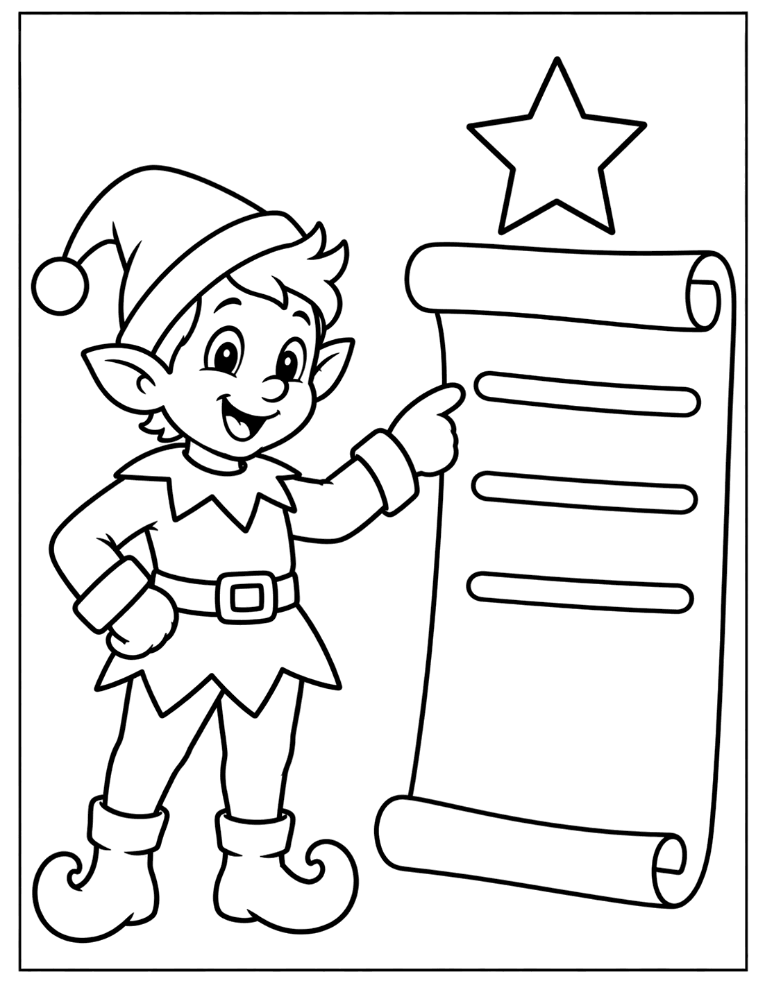Outline drawing of a Christmas elf pointing at a tall unrolled scroll with a star above it