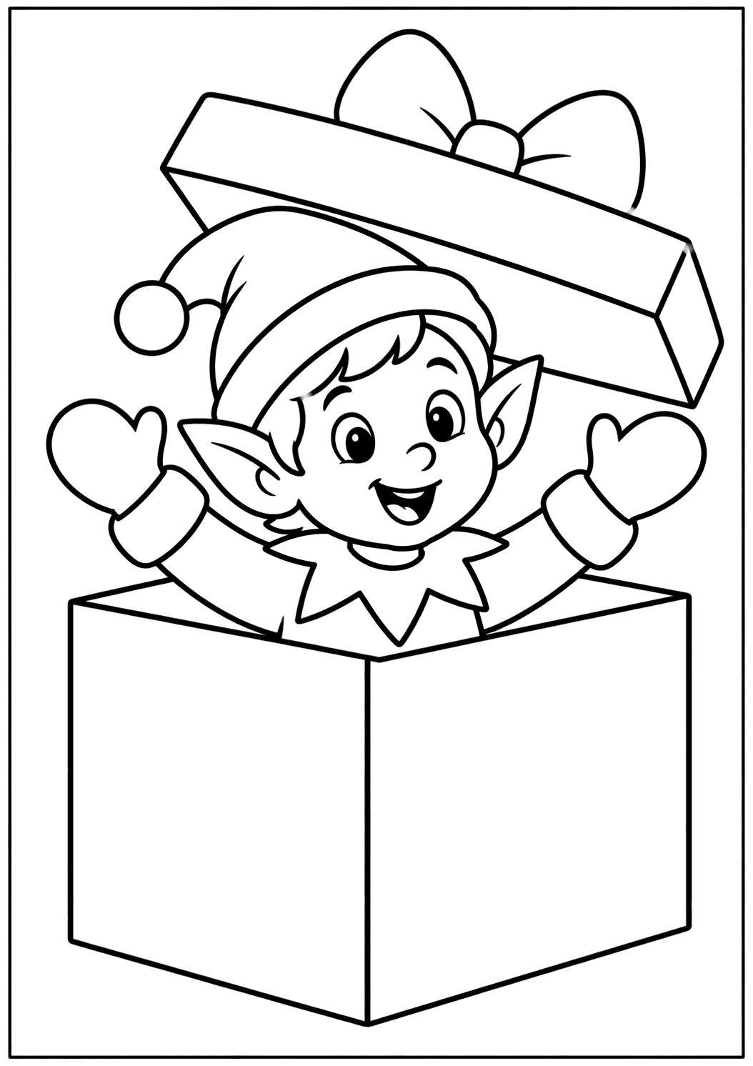 Outline drawing of a Christmas elf popping out of a gift box with the lid flying off