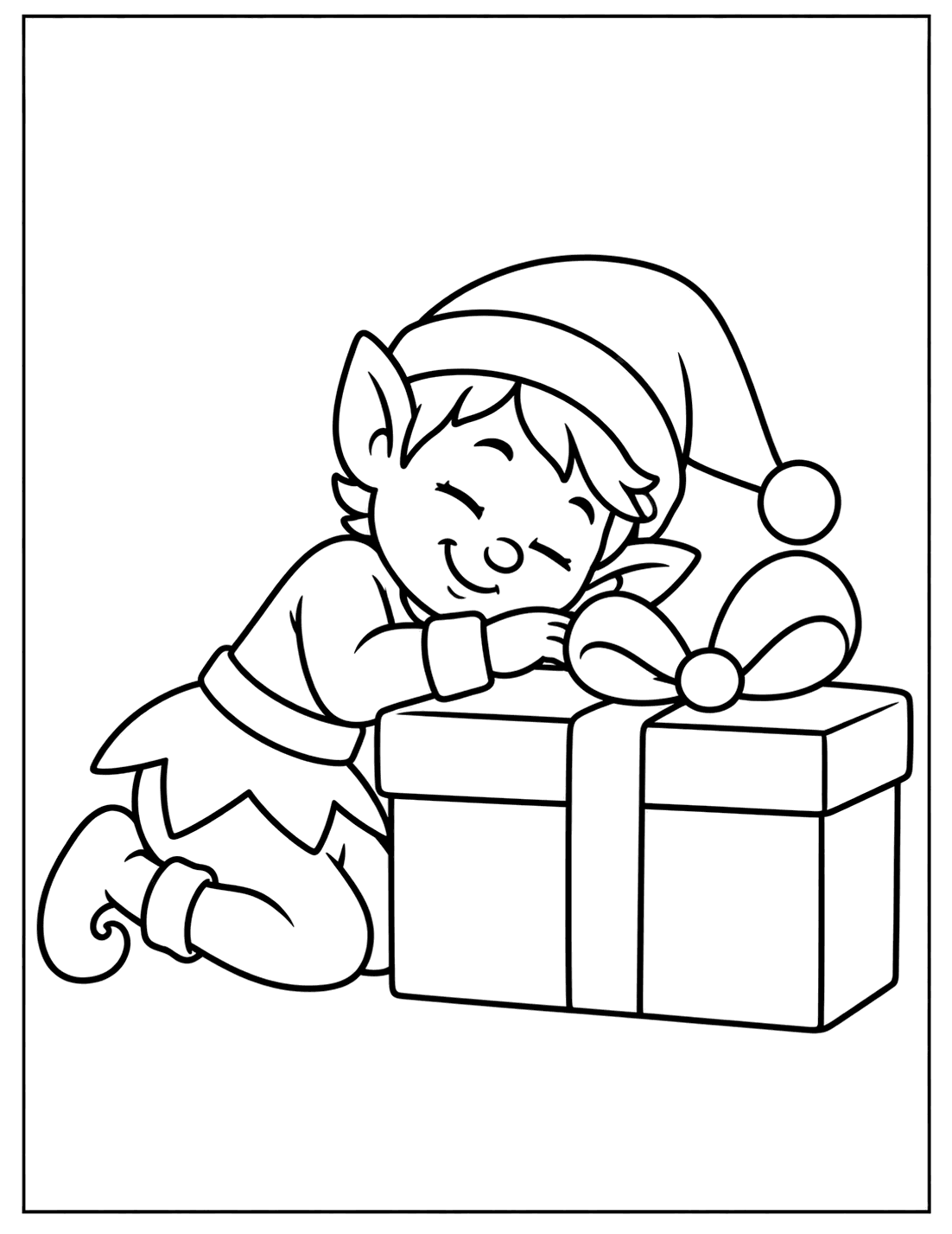 Outline drawing of a Christmas elf asleep with its head resting on a wrapped present