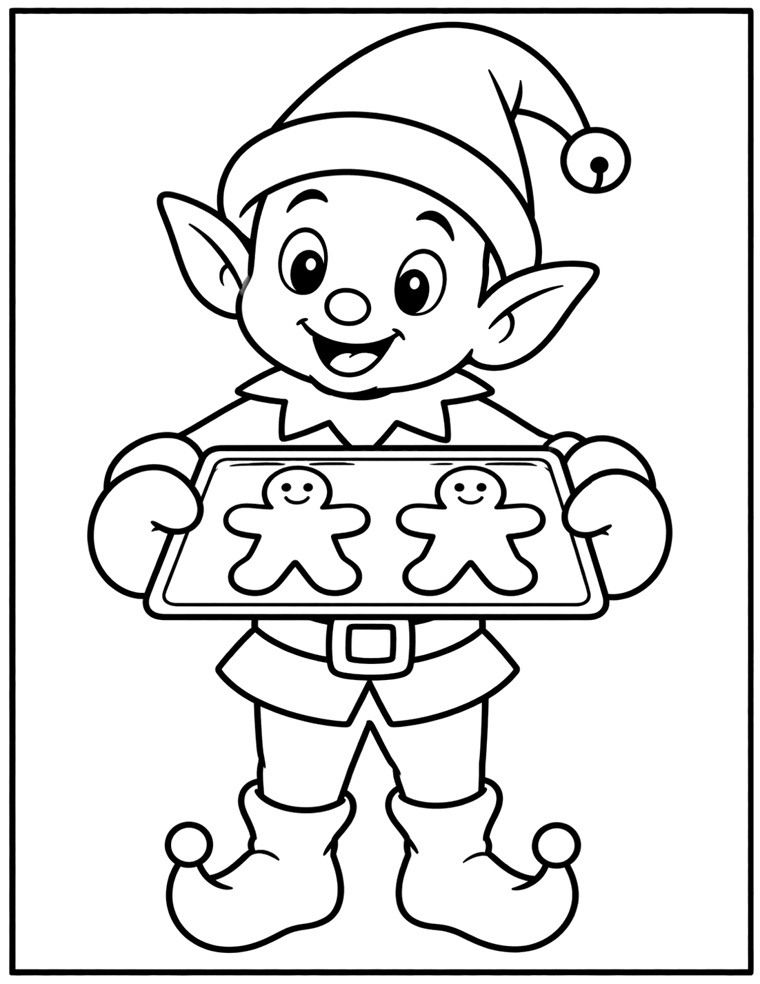 Outline drawing of a Christmas elf holding a tray of gingerbread man cookies