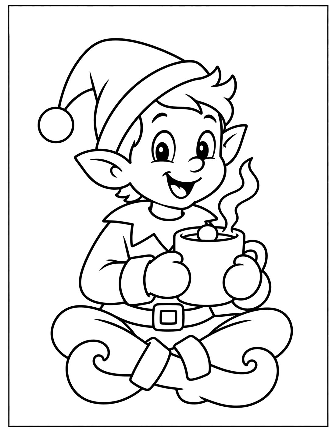 Outline drawing of a Christmas elf sitting cross-legged holding a steaming mug