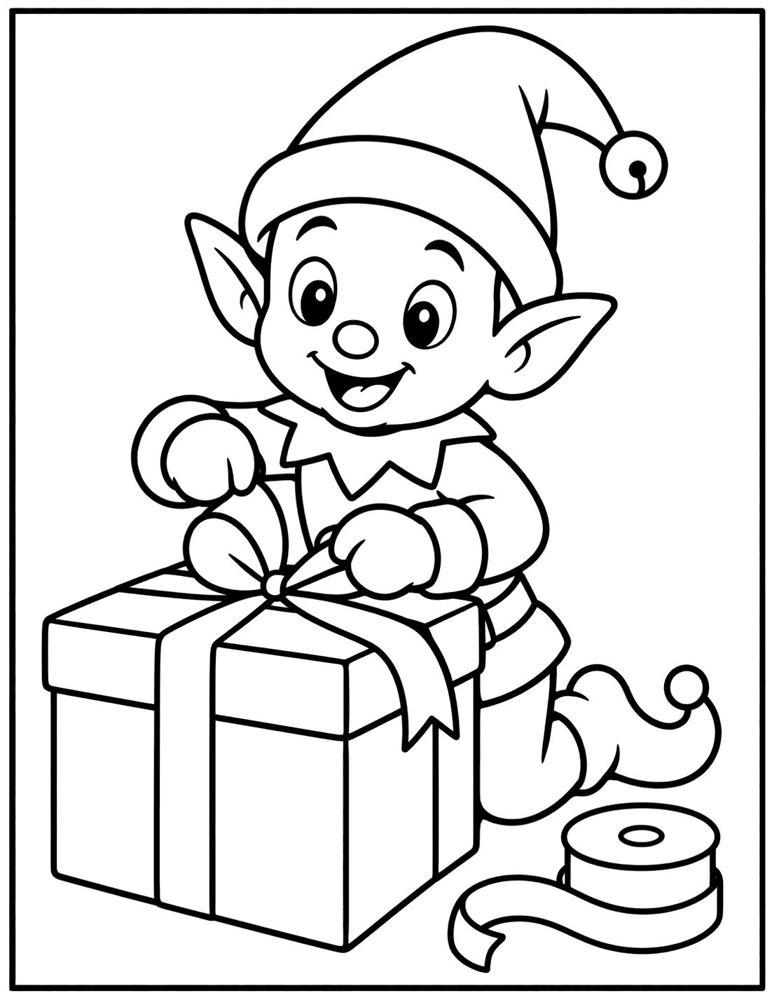 Outline drawing of a Christmas elf tying a ribbon bow on a large wrapped present