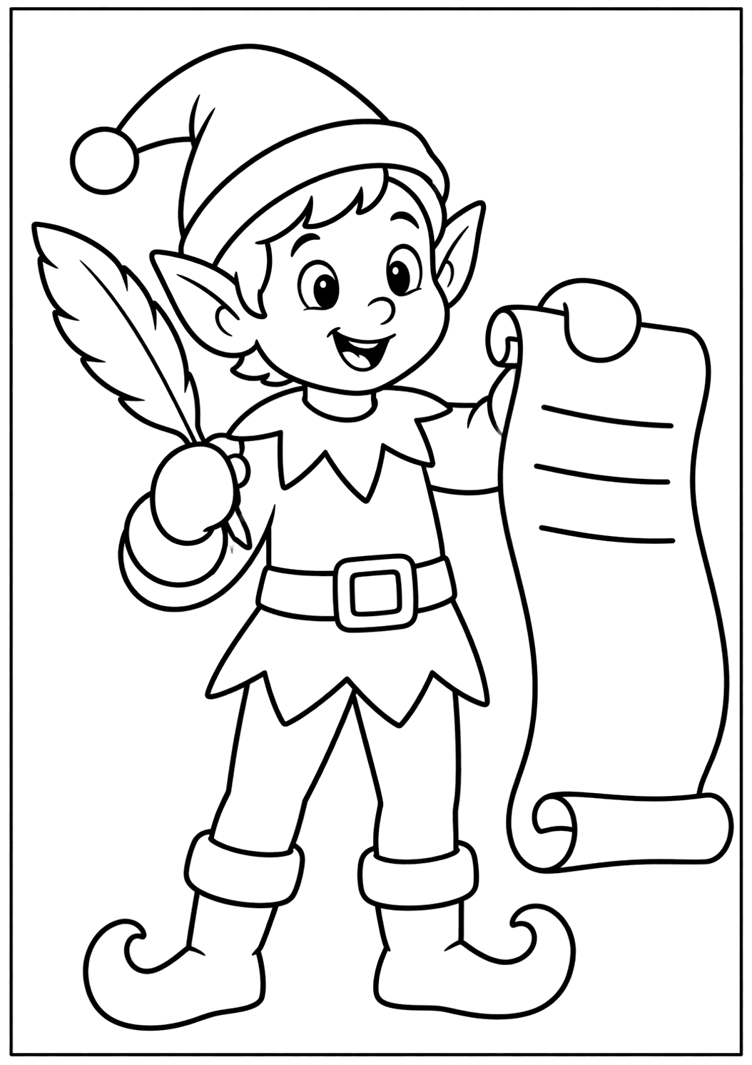 Outline drawing of a Christmas elf holding a feather quill pen and a long scroll