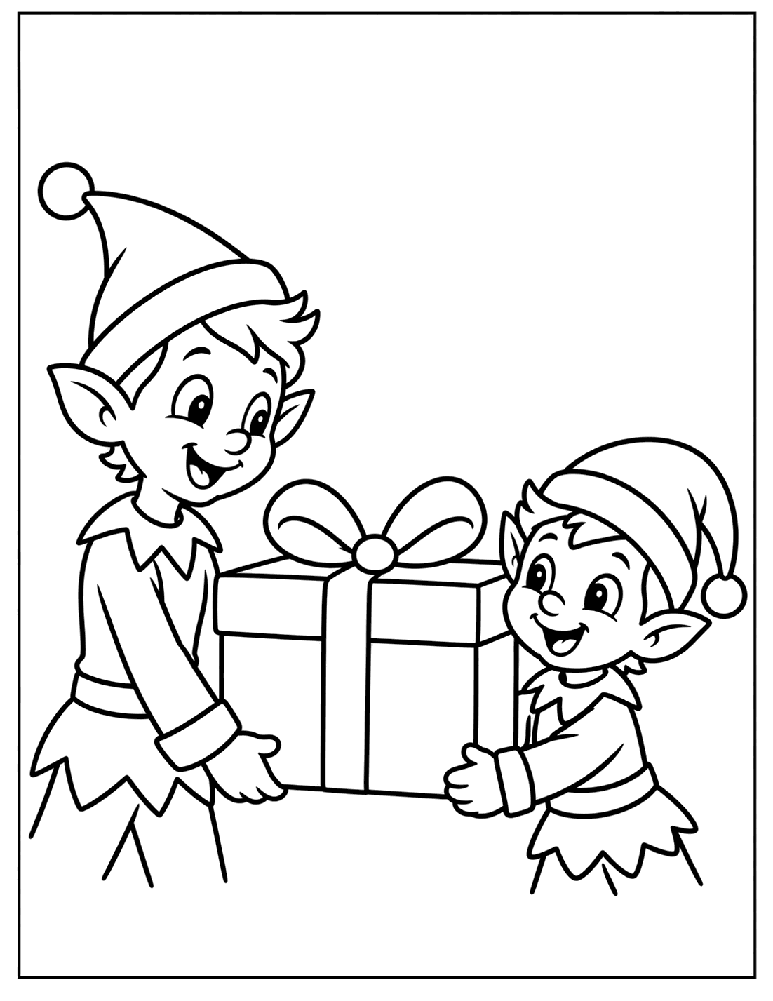 Outline drawing of two Christmas elves carrying a large wrapped present with a bow together