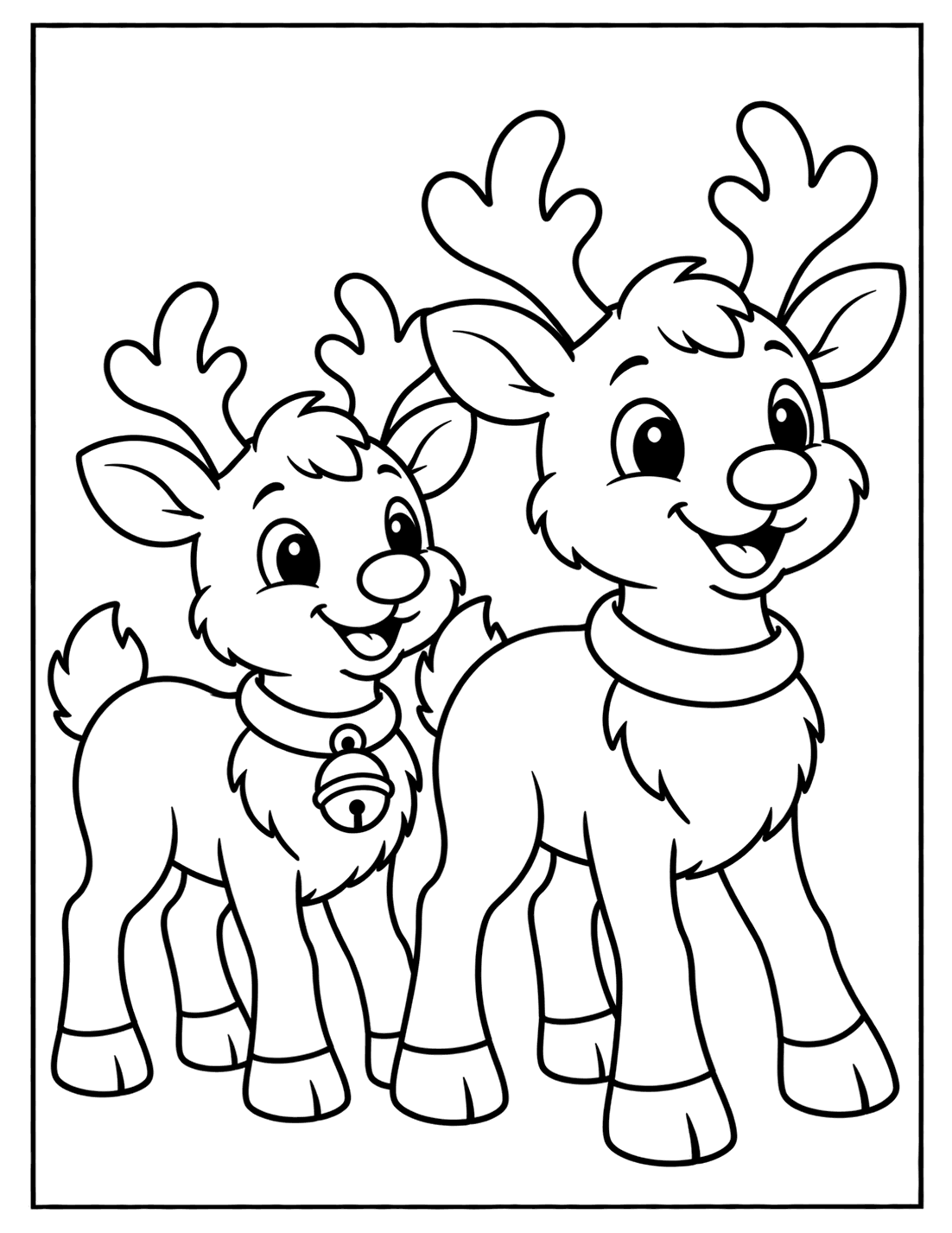 Outline drawing of two smiling reindeer standing side by side