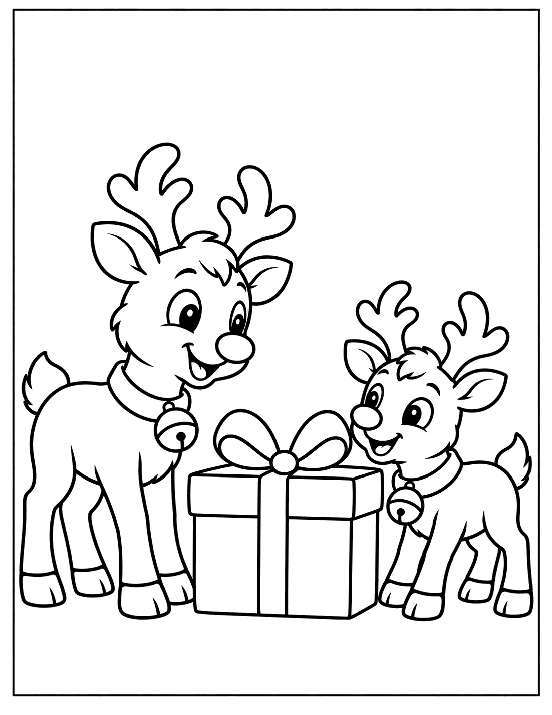 Outline drawing of two reindeer standing on either side of a wrapped present with a bow