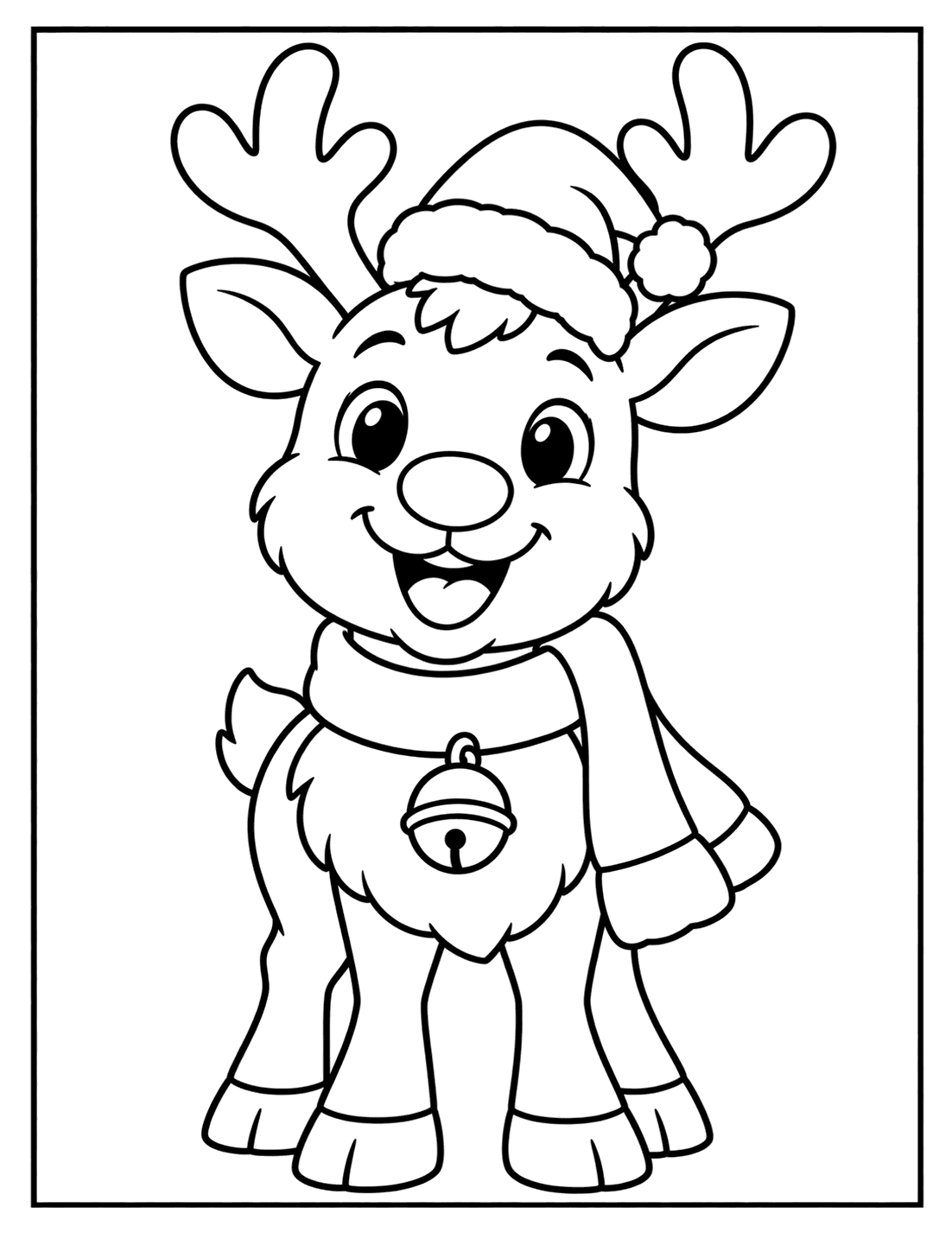Outline drawing of a smiling reindeer wearing a Santa hat and a long scarf with a bell