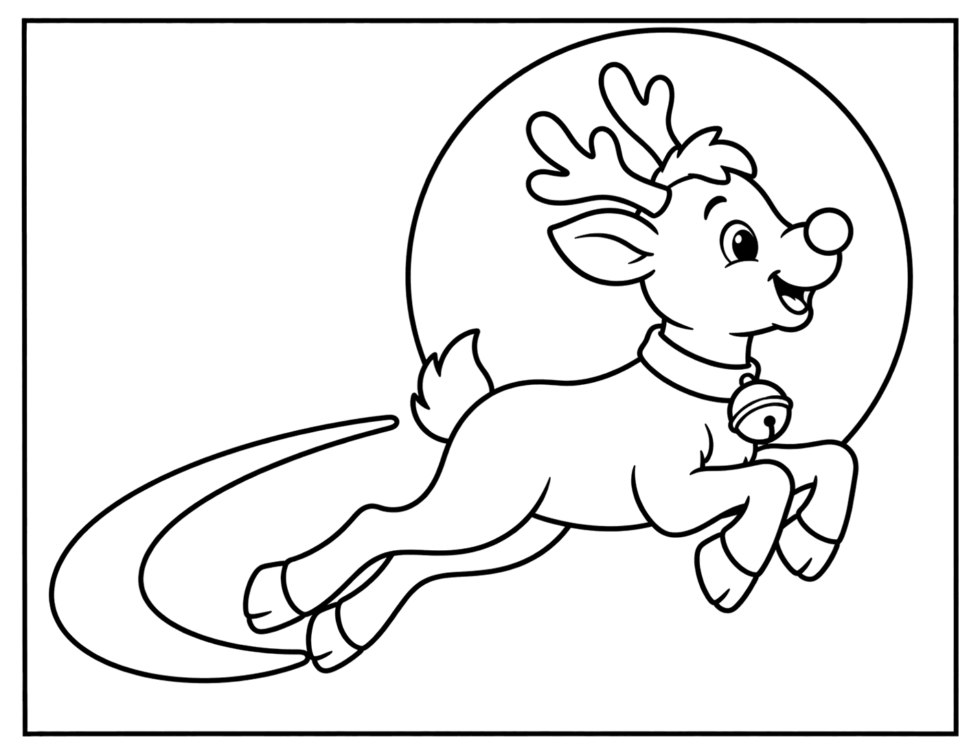 Outline drawing of a reindeer leaping through the sky in front of a large full moon