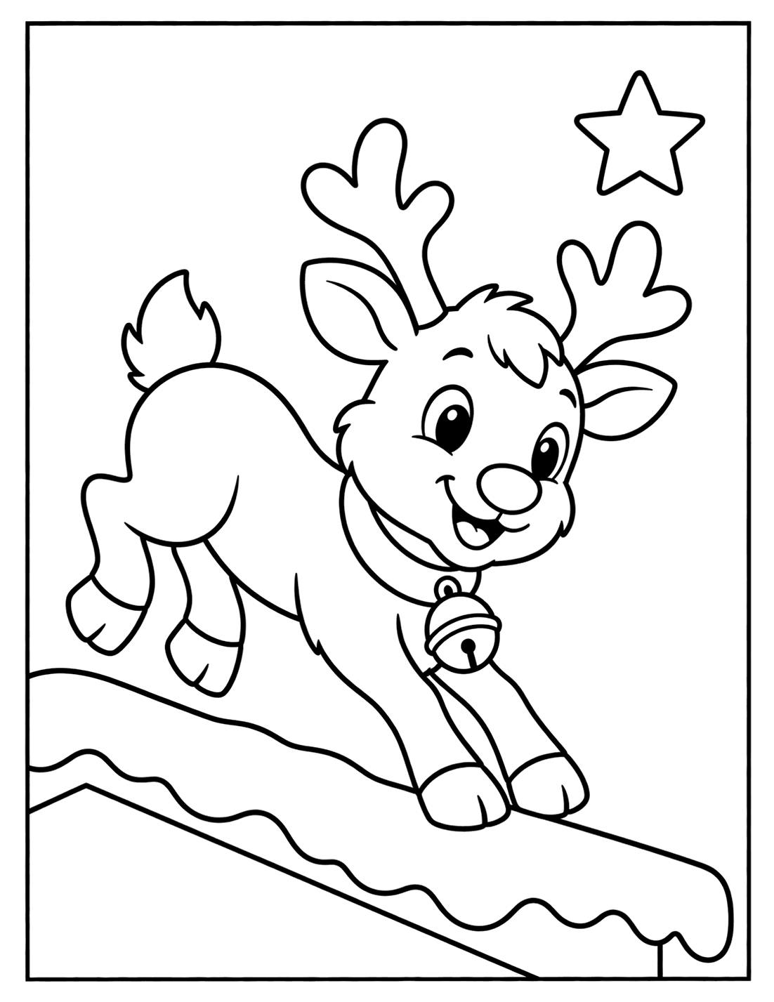 Outline drawing of a reindeer leaping on a snowy rooftop with a star in the sky