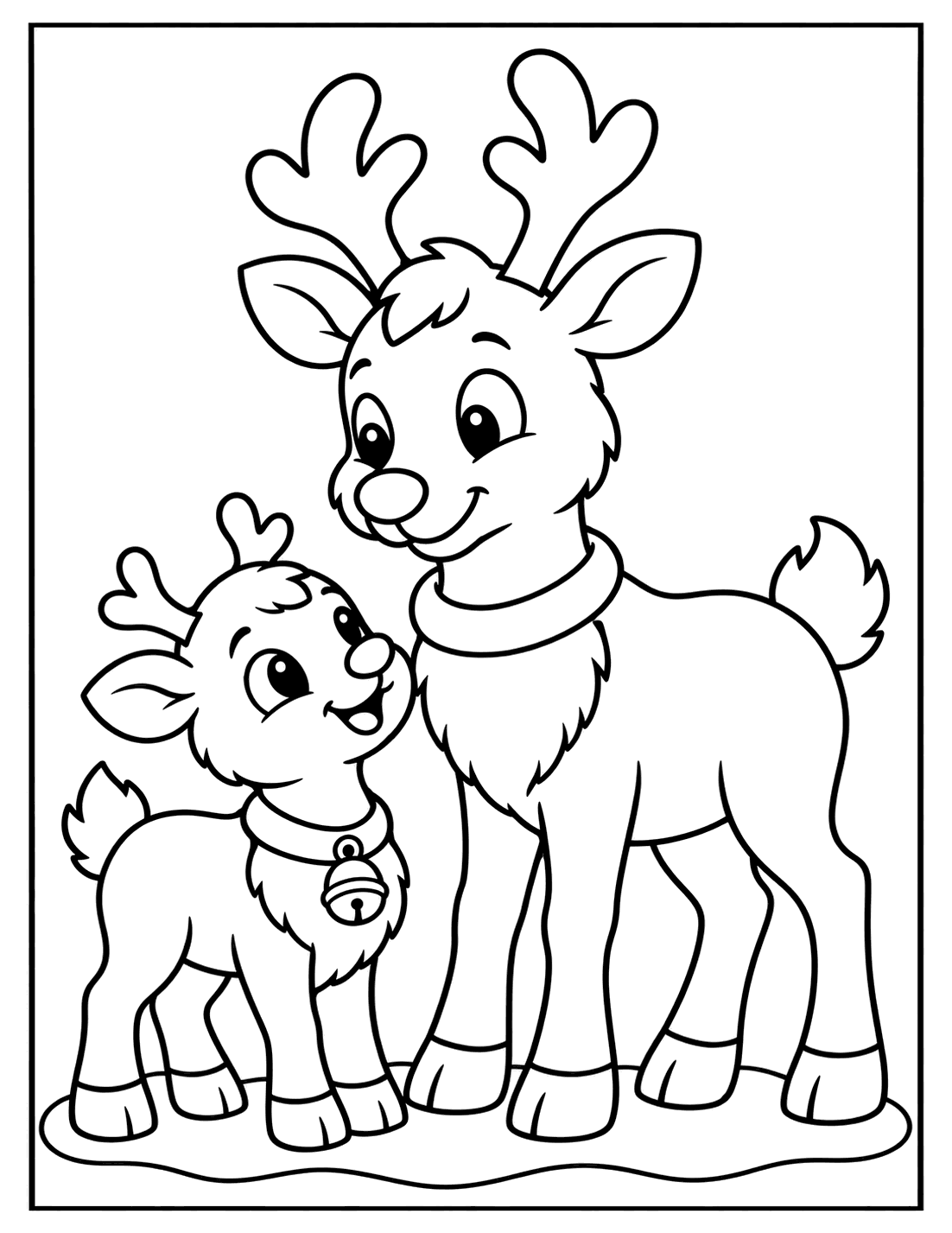Outline drawing of a tall reindeer standing in the snow beside a smiling baby reindeer