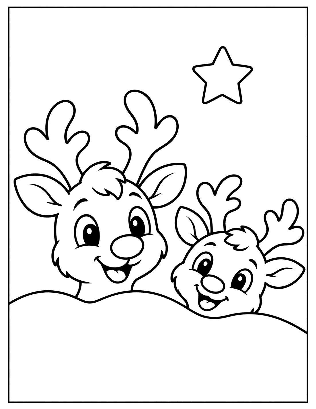 Outline drawing of two reindeer peeking over a snowy hill with a star in the sky