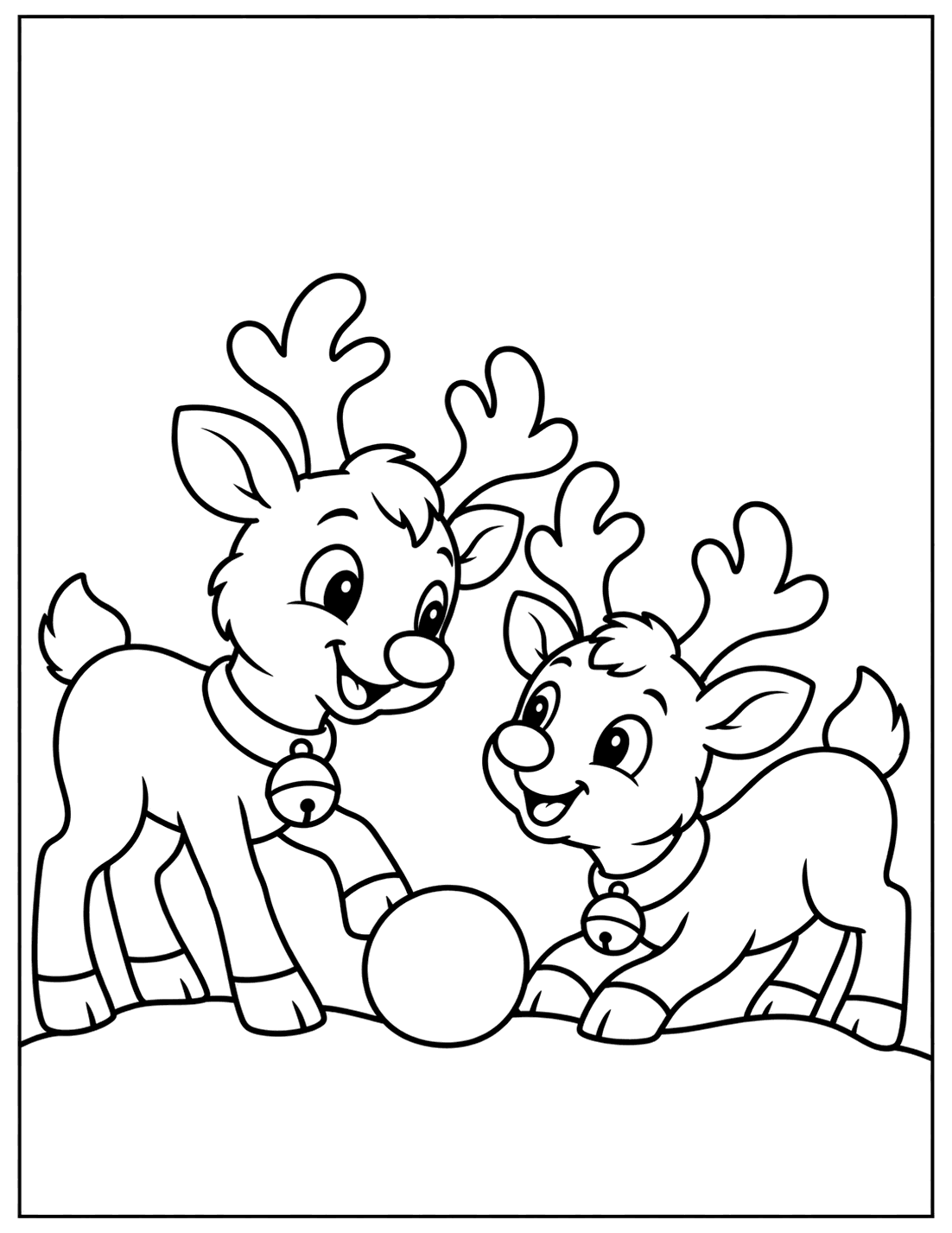 Outline drawing of two reindeer playing with a big snowball on the snowy ground