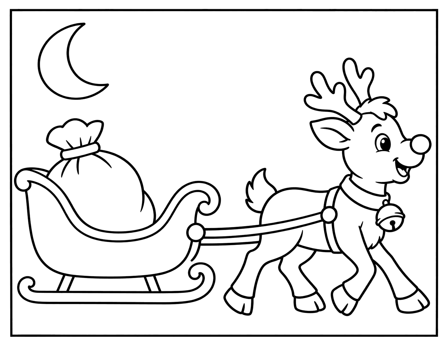 Outline drawing of a reindeer in a harness pulling a sleigh with a sack of toys under a crescent moon